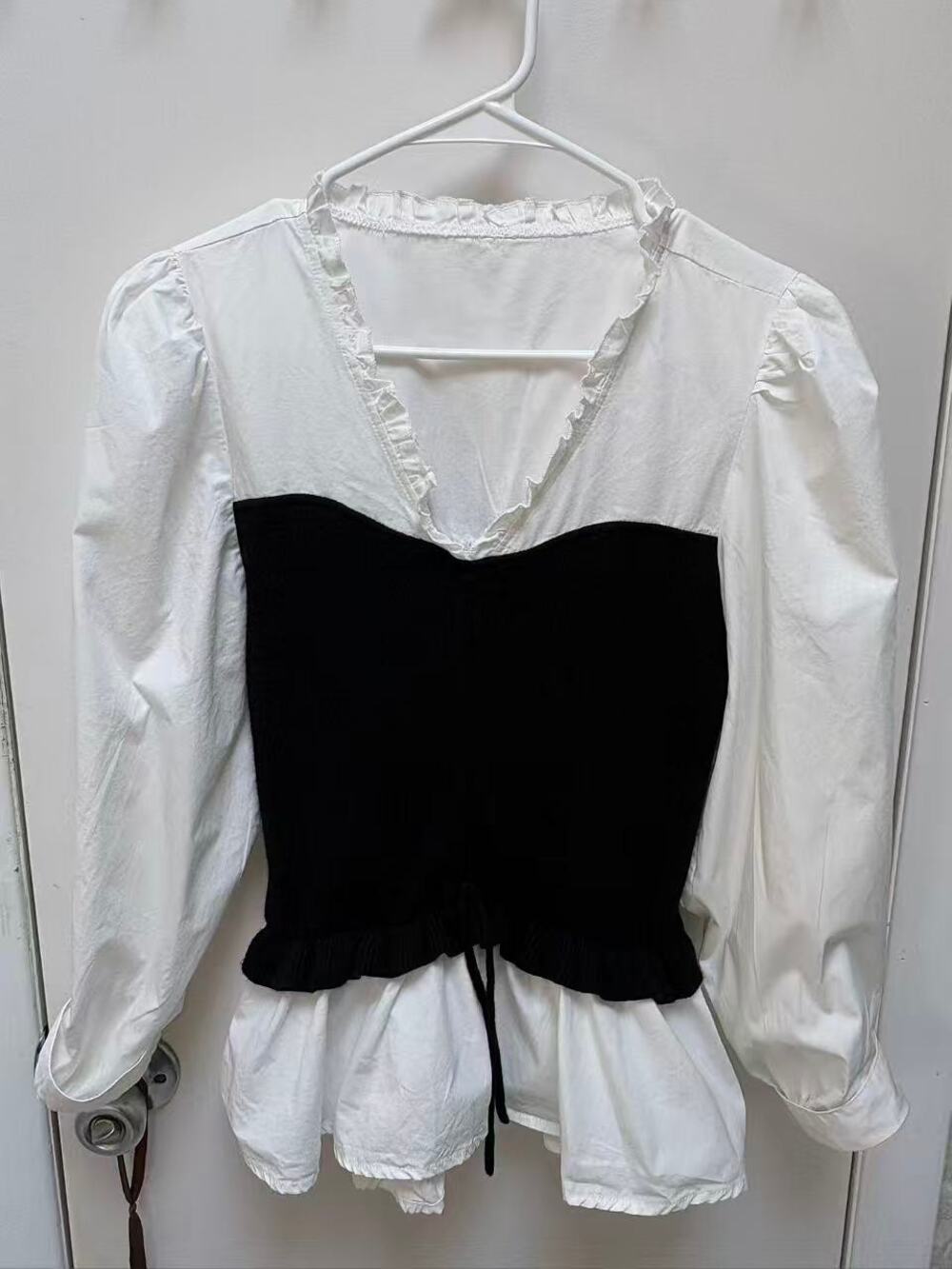 Womens Black White 2 in 1 Corset Top Ruffle V-Neck Puff Sleeve Peplum Blouse XS